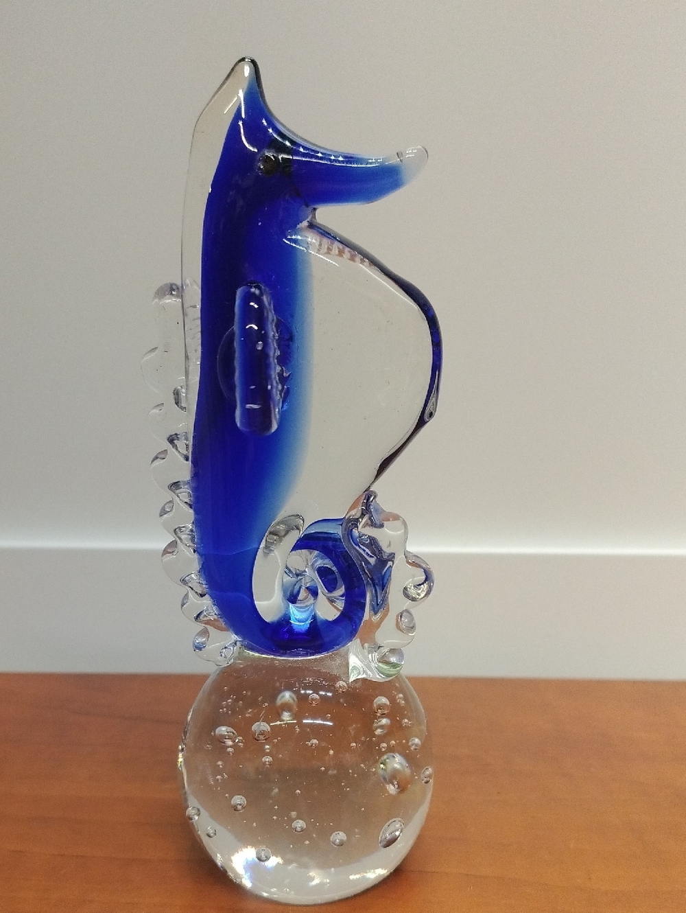 Blue Art Glass Seahorse With Bubbled Base Paperweight